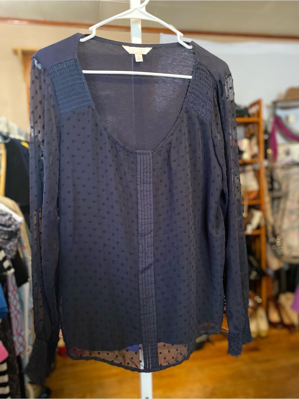 LC Lauren Conrad Navy Swiss Dot Sheer Long-Sleeve Blouse